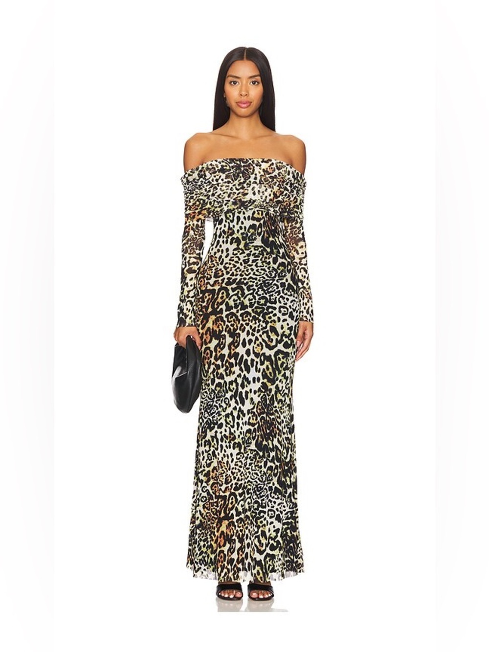 AFRM Leopard Print Off Shoulder Ruched Long Sleeve Maxi Dress Size L